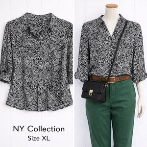 NY Collection Black & White Paisley Blouse | Size XL | Roll-Tab Sleeves